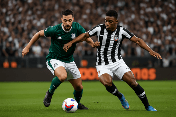 Jogadores disputando bola em um dérbi acirrado no estádio lotado