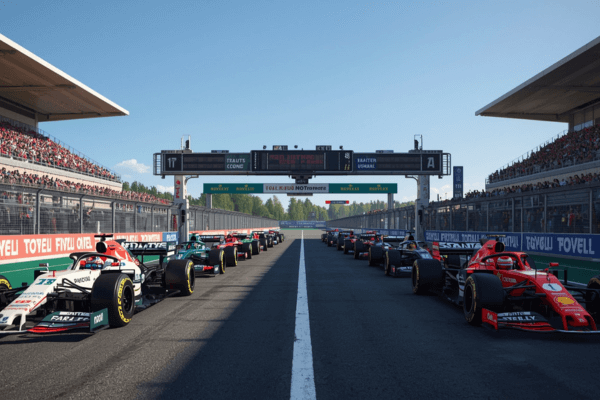 Carro de Fórmula 1 na linha de largada em um GP.