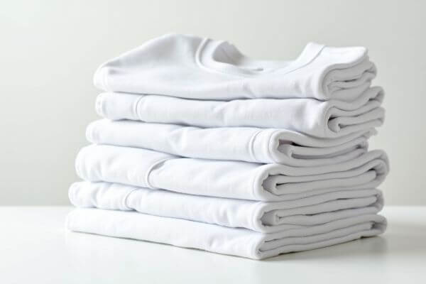 Pilha de roupas brancas limpas e dobradas, mostrando o resultado de como desencardir roupa branca.