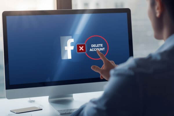 Imagem ilustrativa mostrando o processo de como excluir conta do Facebook, com destaque para o botão de exclusão e o logotipo da rede social. Ideal para artigos sobre privacidade e redes sociais.