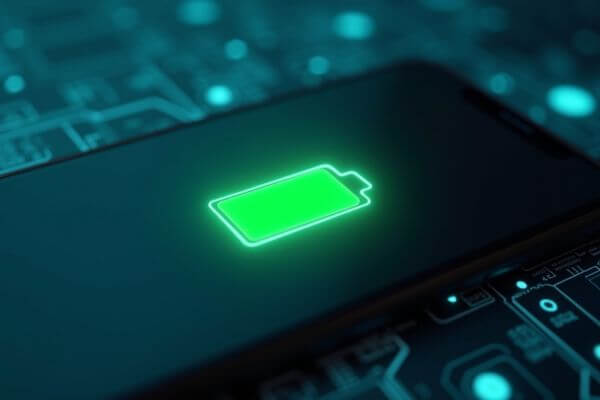Smartphone com bateria cheia em fundo digital futurista, representando como fazer a bateria do celular durar mais.