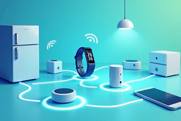 Ilustração de uma casa com dispositivos inteligentes conectados via internet, representando a Internet das Coisas.