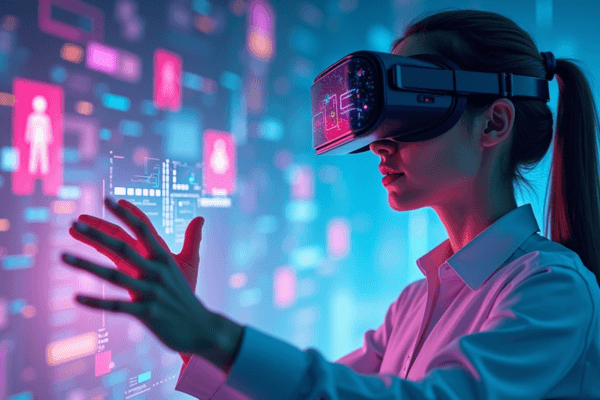 O que é metaverso: mulher jovem com óculos de realidade virtual interagindo com hologramas em cena futurista 3D iluminada por neon.