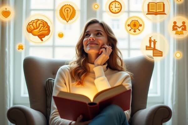 Mulher sentada em poltrona lendo um livro, olhando para cima com expressão pensativa, cercada por ícones que simbolizam os benefícios da leitura, como criatividade, empatia, foco e crescimento pessoal.