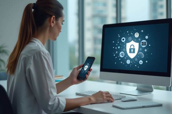 Pessoa sentada à mesa usando smartphone e desktop, ambos mostrando ícones de cookies sendo apagados, simbolizando limpeza digital e privacidade