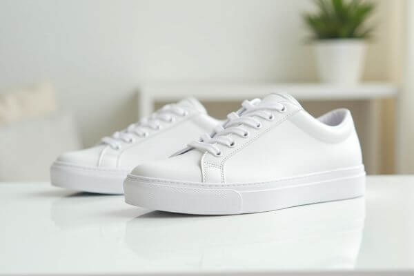 Par de tênis brancos limpos em superfície minimalista e iluminada, com fundo claro e moderno.