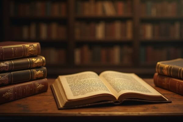 Uma mesa de madeira antiga iluminada por luz dourada, com livros clássicos brasileiros de capas envelhecidas e detalhes elegantes. Ao fundo, uma estante repleta de livros, em um cenário sofisticado e cultural.