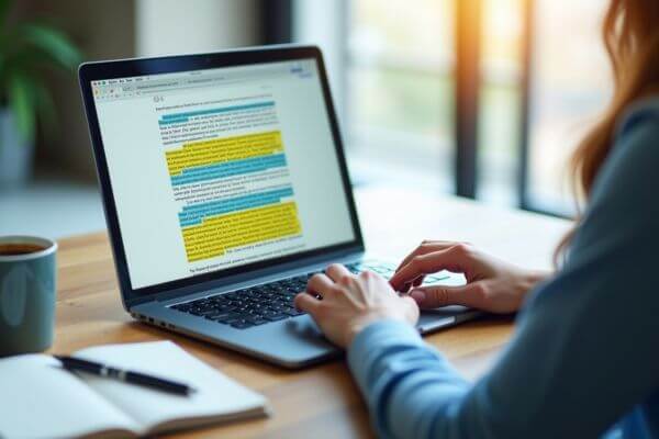 Pessoa concentrada lendo PDF em laptop moderno, com trechos destacados em amarelo, azul e verde, ao lado caderno e café, em ambiente iluminado naturalmente, transmitindo foco e produtividade.