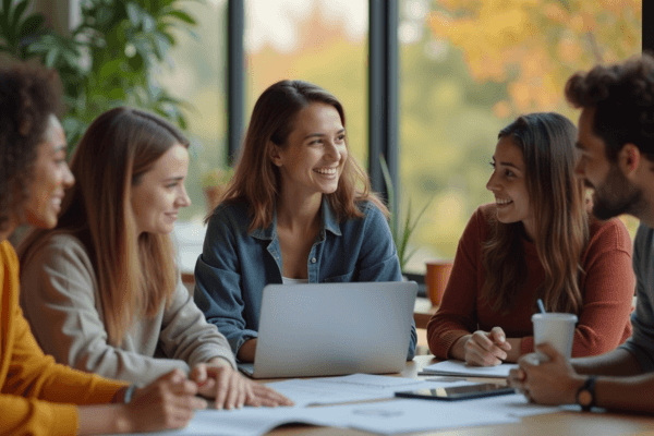 Jovem empreendedora liderando uma equipe multicultural em ambiente comunitário, discutindo ideias e planejando projeto de impacto social.