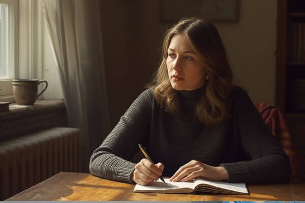 Mulher sentada à mesa escrevendo em caderno, luz natural entrando pela janela, ambiente simples e acolhedor, expressão pensativa e introspectiva, livros e objetos ao redor.