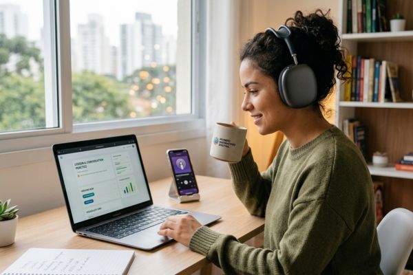 Mulher com fones de ouvido estudando no notebook em um ambiente clean, ilustrando o método de como aprender inglês sozinho através da imersão digital.