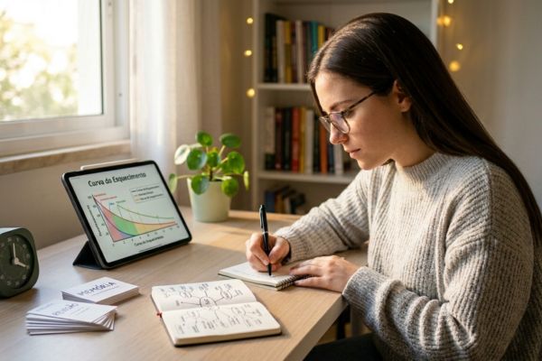 Estudante com cabelos longos e lisos aplicando técnicas de estudo com flashcards, cronômetro Pomodoro e gráfico da curva do esquecimento em uma mesa organizada.