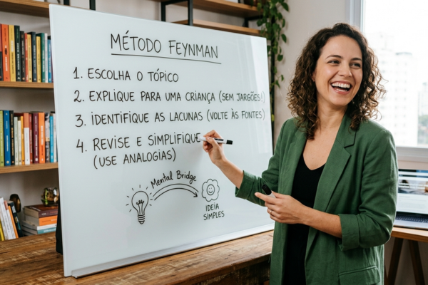Pessoa aplicando o método feynman em um quadro branco para simplificar conceitos complexos e acelerar o aprendizado.