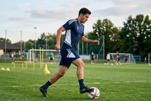 Jogador de futebol driblando uma bola em um campo de treinamento durante o pôr do sol, com equipamentos de agilidade ao fundo.