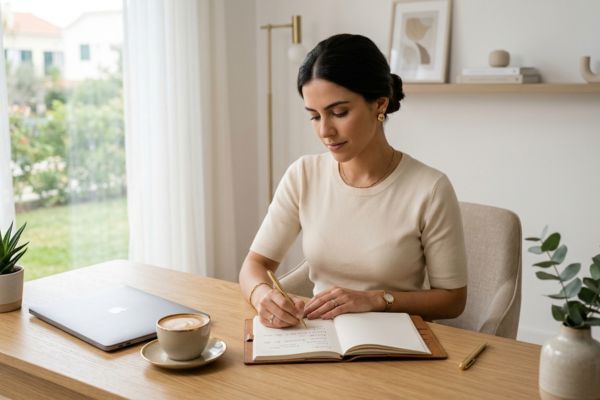 Mulher profissional escrevendo em um caderno em mesa minimalista organizada, representando o uso do método de escrita para tomar decisões rápidas no trabalho com clareza.