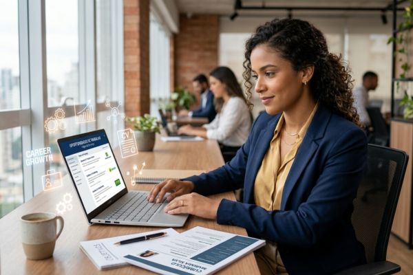 Mulher analisando vaga de emprego no notebook em ambiente moderno.