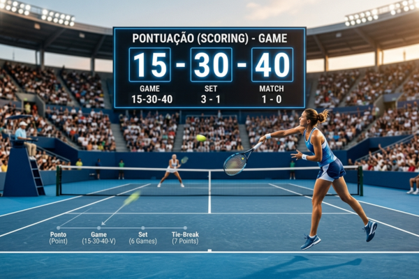 Ilustração de uma partida de tênis em um estádio lotado com um placar digital em destaque exibindo a progressão de pontos: 15, 30 e 40. Da forma como funciona a pontuação no tênis. Uma jogadora em primeiro plano se prepara para rebater a bola.