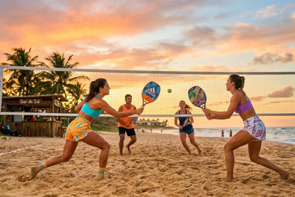 Quatro pessoas jogando uma partida de beach tênis em uma quadra de areia na praia durante o pôr do sol, com uma rede e coqueiros ao fundo.