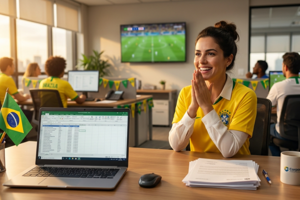 Mulher sorridente vestindo a camisa amarela do Brasil em um escritório moderno corporativo. Em primeiro plano, uma mesa com laptop mostrando planilha, documentos e uma pequena bandeira do Brasil. Ao fundo, colegas de trabalho e uma televisão transmitindo uma partida de futebol.