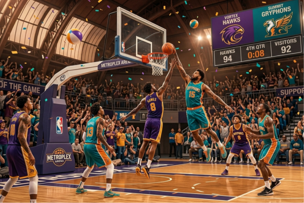 Jogadores de basquete em uma disputa de rebote próximo à cesta durante os segundos finais de uma partida. A imagem ilustra momentos decisivos onde as regras do basquete definem o vencedor.