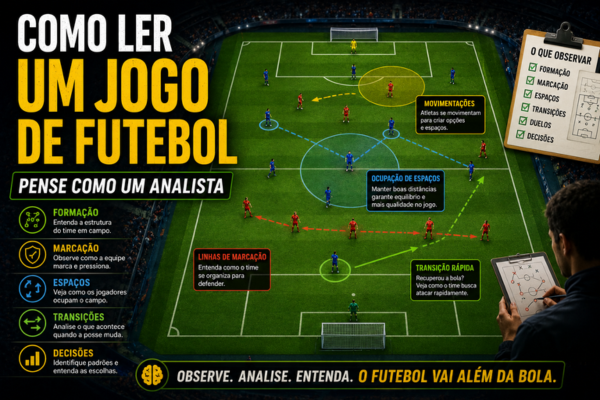 Campo de futebol visto de cima com diagramas táticos, setas de movimentação, linhas de marcação e indicadores de ocupação de espaços ilustrando como analisar uma partida de futebol.