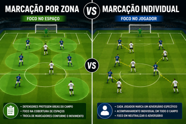 Diferença entre marcação por zona e marcação individual no futebol com diagrama explicativo mostrando cobertura de espaços e marcação direta dos jogadores adversários.