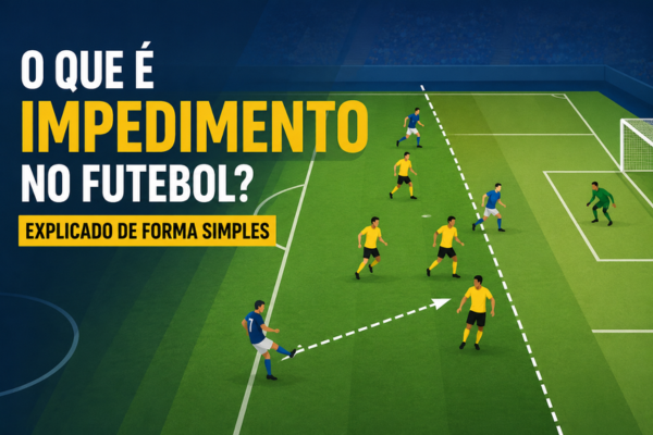 Exemplo de impedimento no futebol com ilustração mostrando atacante, defensores e linha de impedimento para explicar a regra de forma simples.