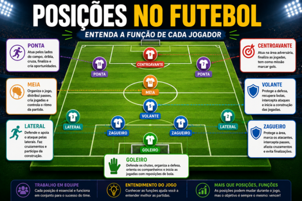 Campo de futebol ilustrado com as posições goleiro, zagueiros, laterais, volante, meia, pontas e centroavante identificadas para explicar a função de cada jogador em campo.