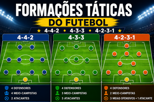 Diagrama das principais formações táticas do futebol mostrando os sistemas 4-4-2, 4-3-3 e 4-2-3-1 com a posição dos jogadores em campo para explicar as diferenças entre as estratégias.