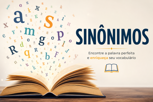 Livro aberto com letras voando das páginas, simbolizando sinônimos, palavras semelhantes e ampliação do vocabulário.